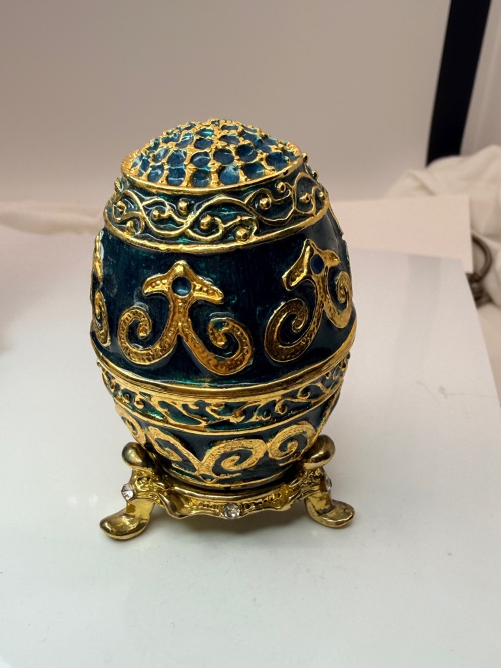 Ornate Egg Trinket Box Teal Gold Jewelry Holder Decorative
